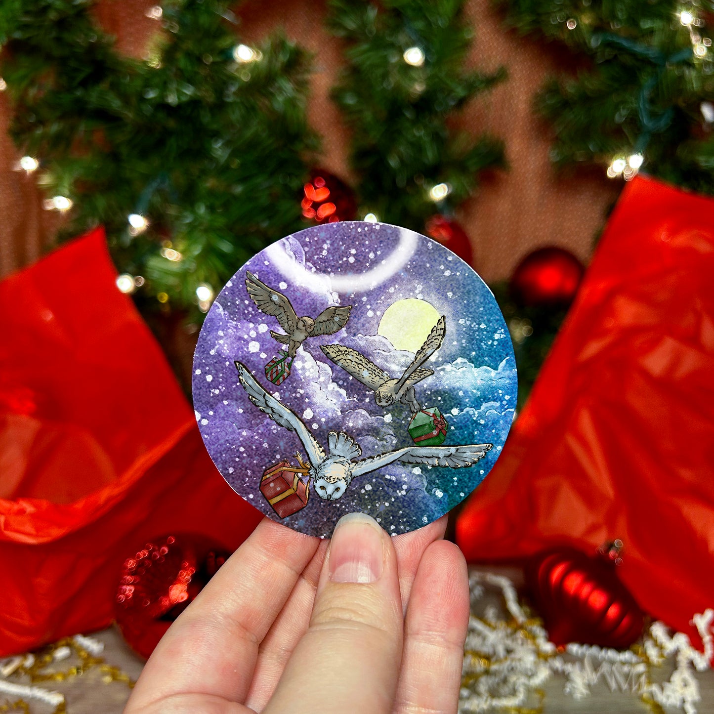 Owl's Christmas Delivery || Vinyl Sticker with Pixie Dust Glitter Finish