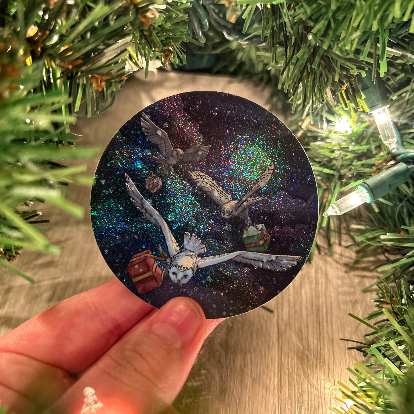 Owl's Christmas Delivery || Vinyl Sticker with Pixie Dust Glitter Finish